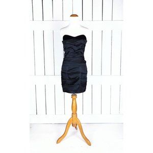 Black satin fitted strapless evening dress